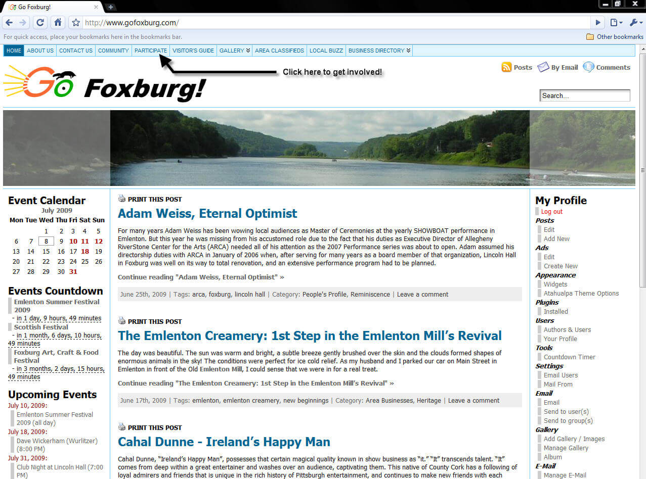 Go Foxburg website when it was launched in the year 2009